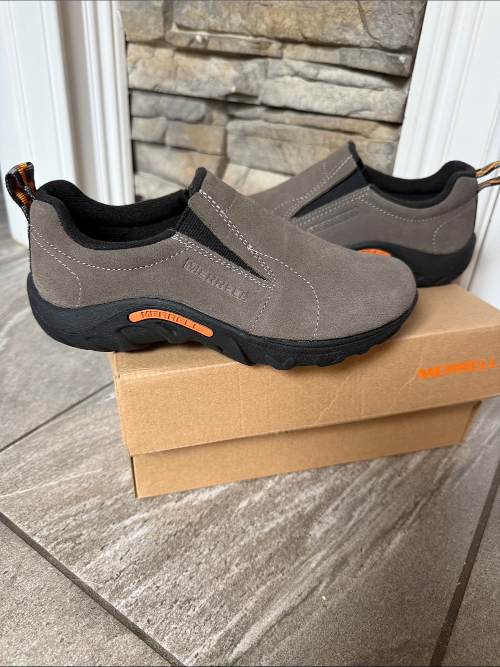Merrell Kids Gray Suede Slip-On Sneakers with Orange Accents
